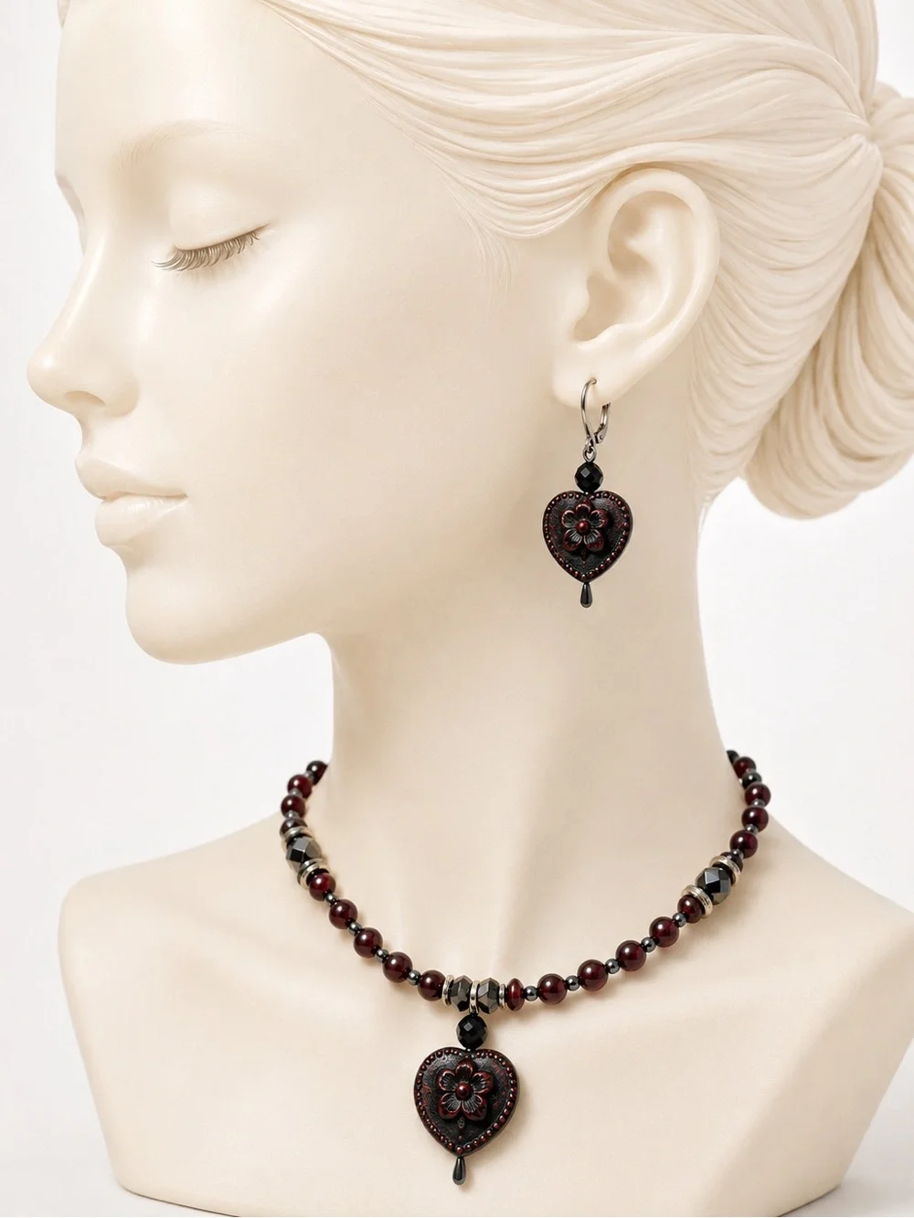 Czech Glass Heart Necklace & Earrings Set, Wrap Necklace, One of a Kind